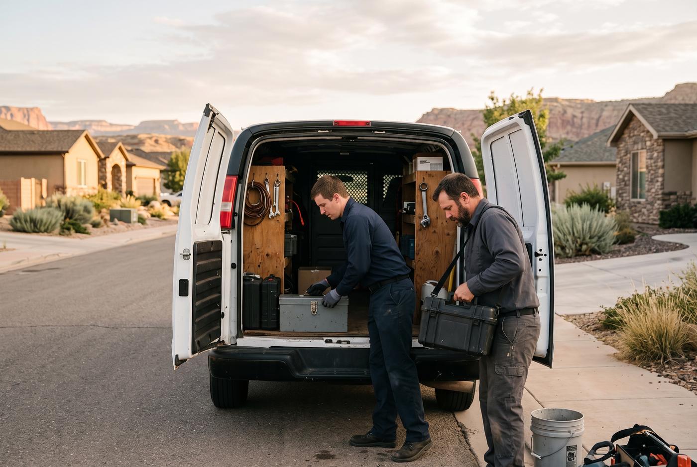 Service technicians loading tools into a van on a residential street