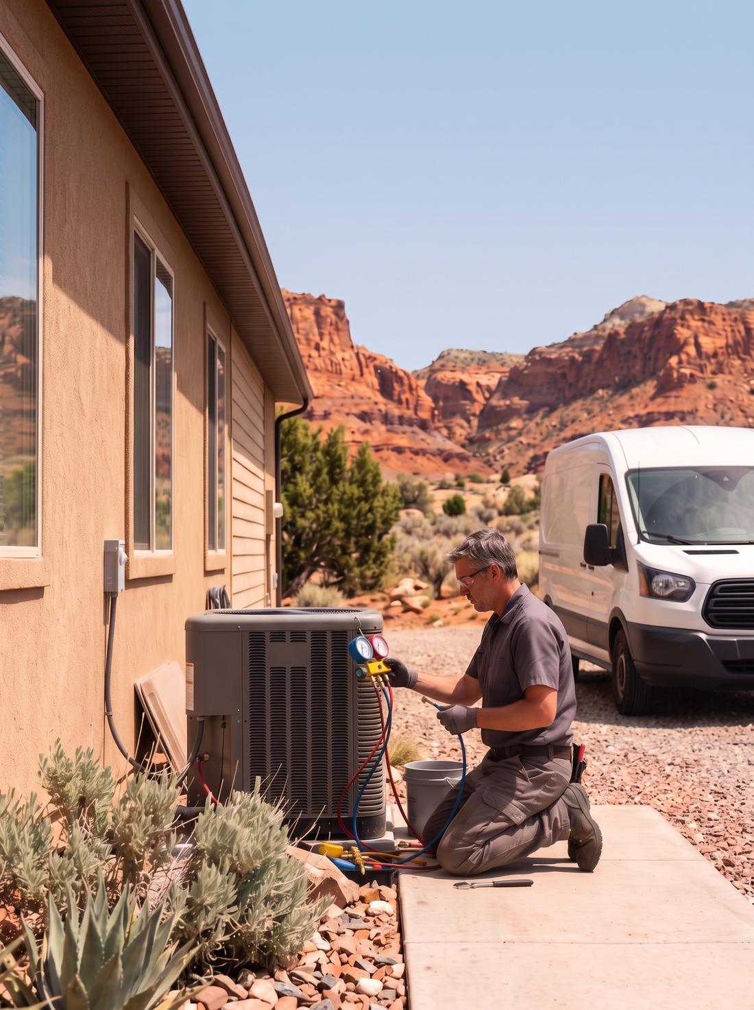 Technician servicing a residential air conditioning condenser at a home in Southern Utah
