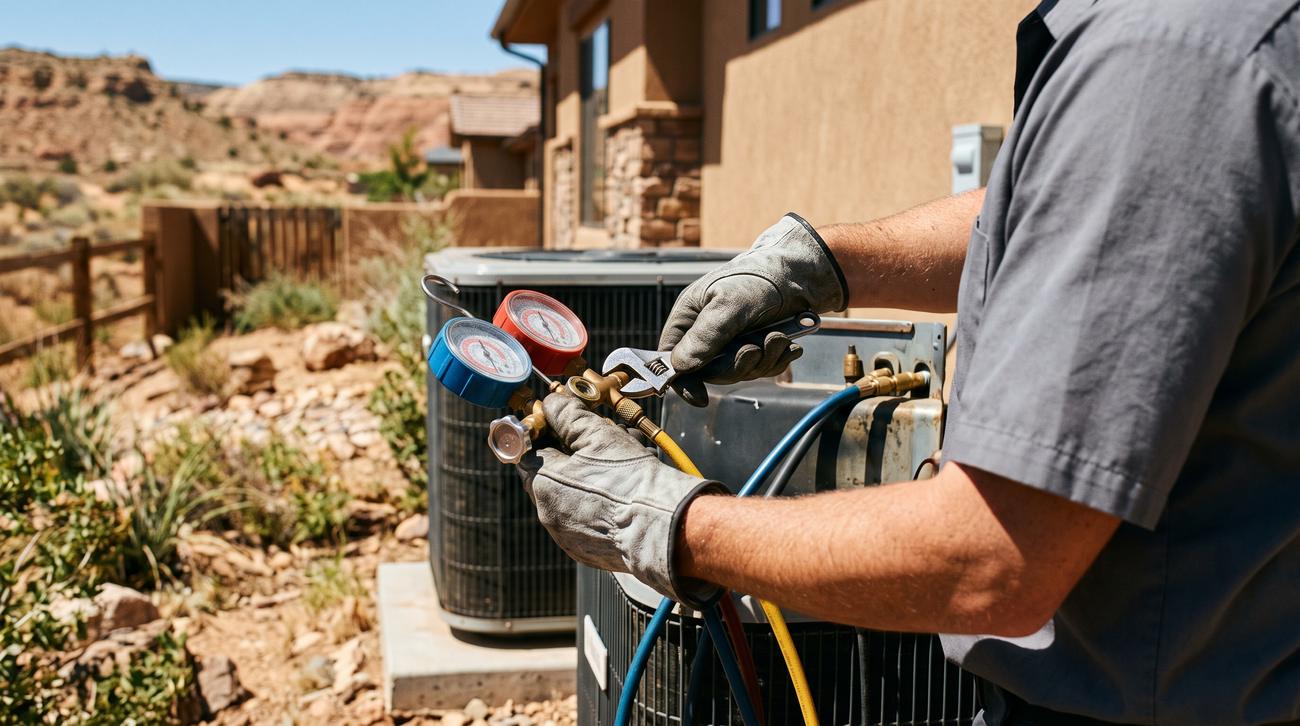 Technician checking refrigerant pressure on an outdoor air conditioning condenser