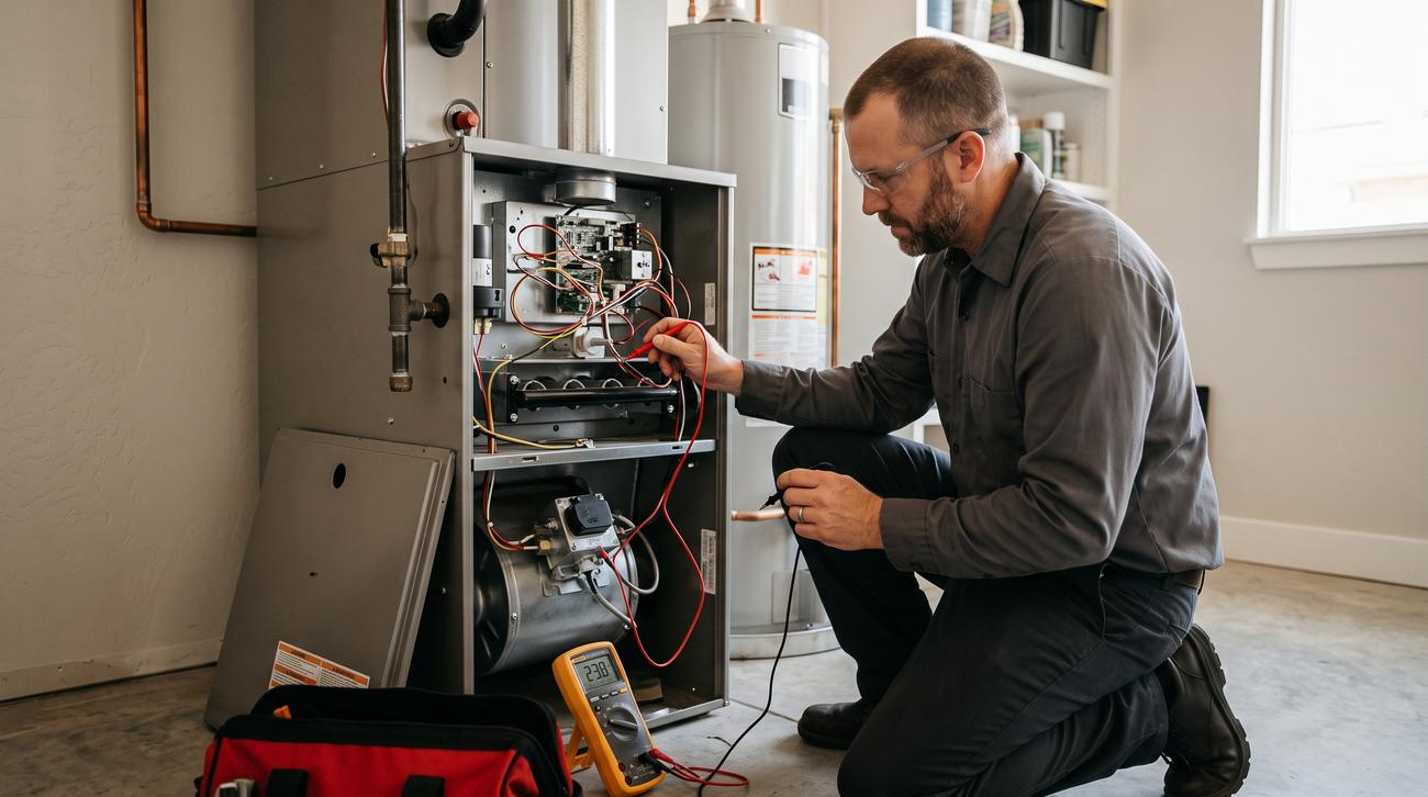 Technician testing components inside an open residential gas furnace