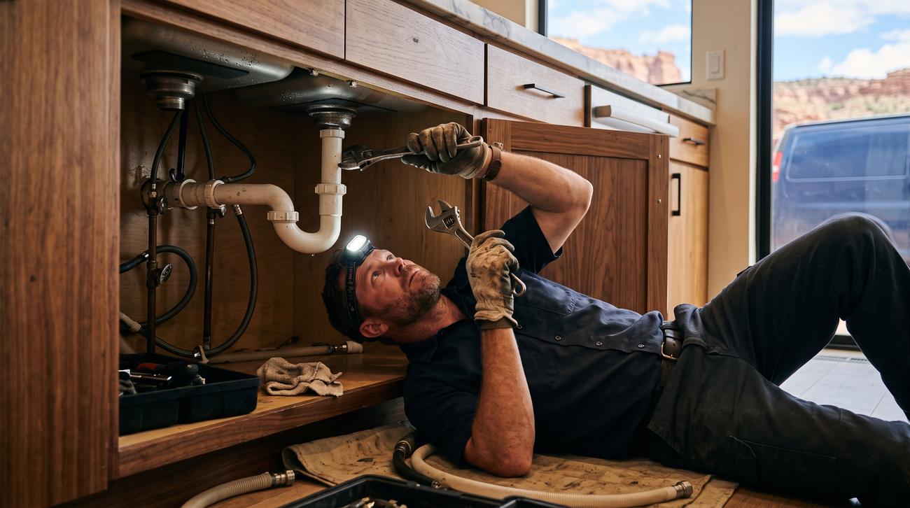 Plumber repairing the drain line under a kitchen sink