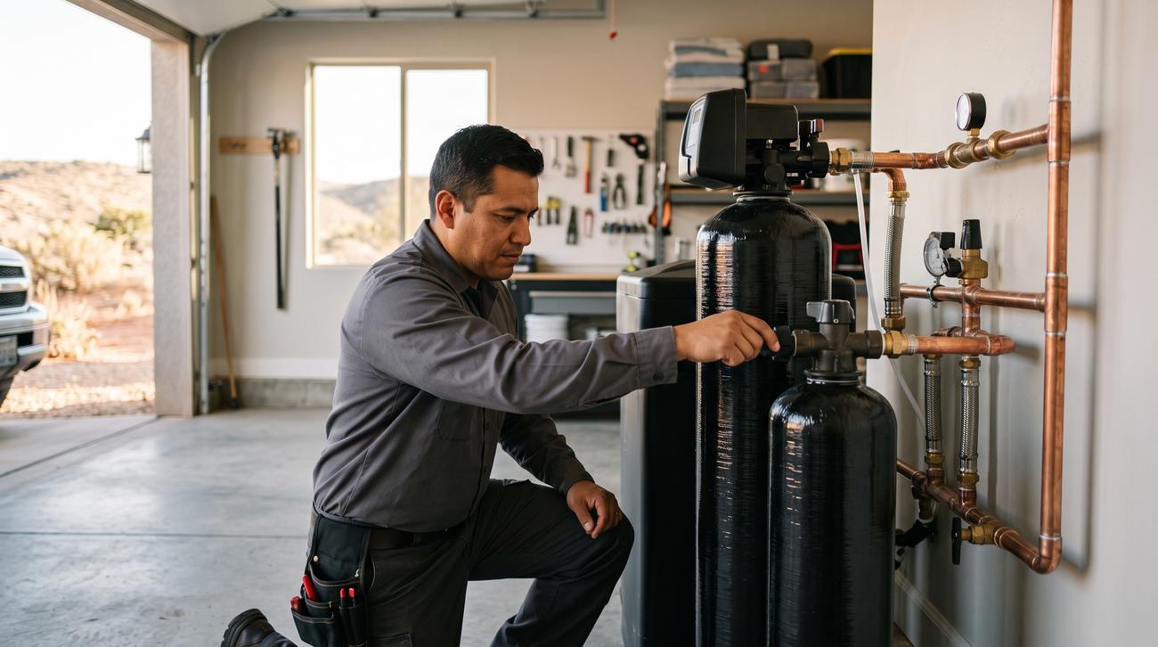 Whole-home water softener and filtration system installed in a residential garage
